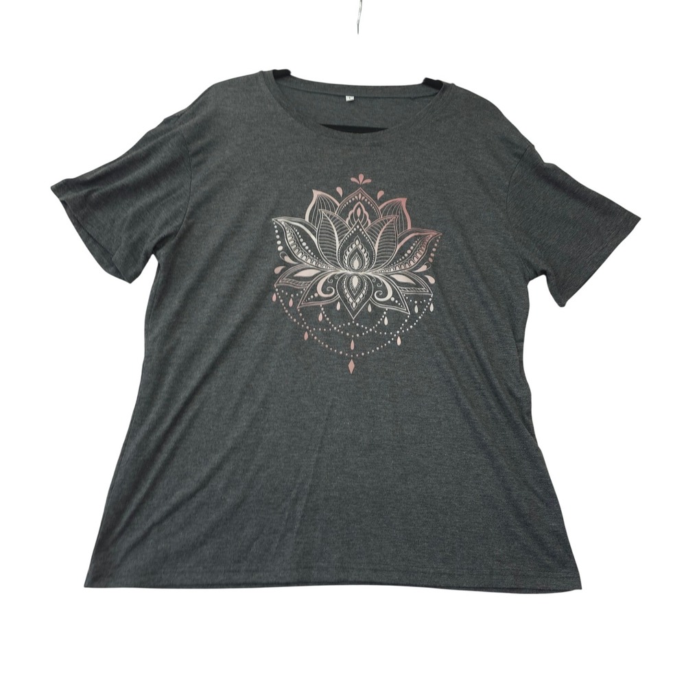 Mandala Lotus Flower Graphic Tee Charcoal Grey Short Sleeve Yoga Top Large